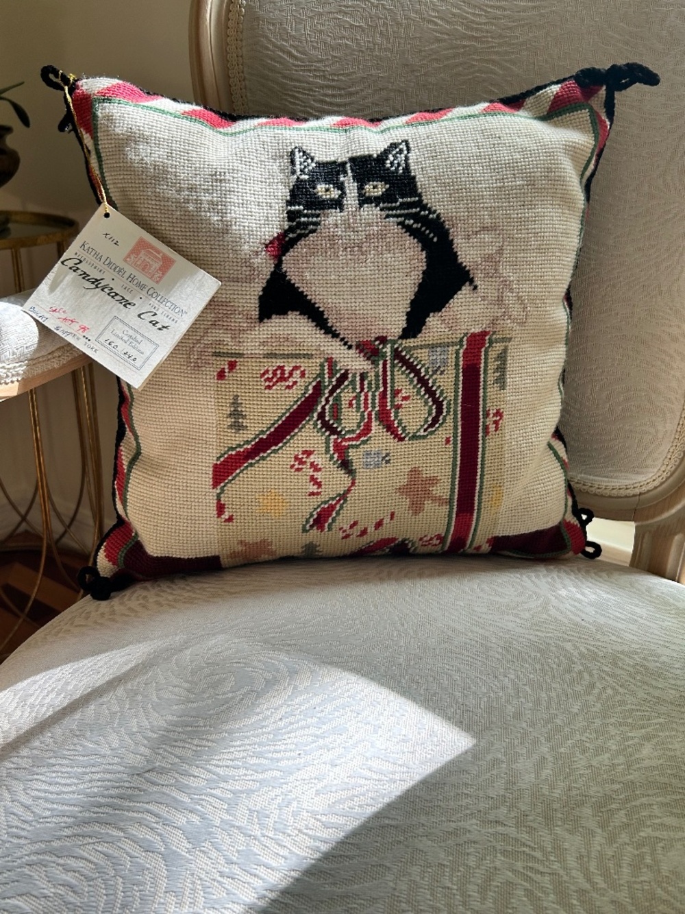 Katha Diddel NWT Pillow Needlepoint Wool Cotton 16x16” Candy Cane Cat LIMITED ED